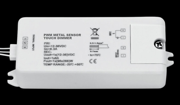 Touch dimmer for LED strips or luminaires operated with 12V or 24V DC voltage