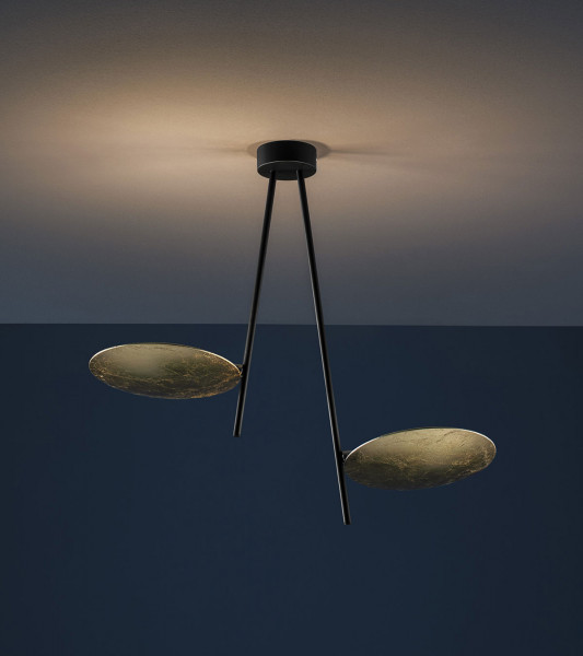 LED ceiling light LEDERAM C2 by Catellani & Smith - here the variant LC23: light shells gold leaf, black rod, ceiling canopy black