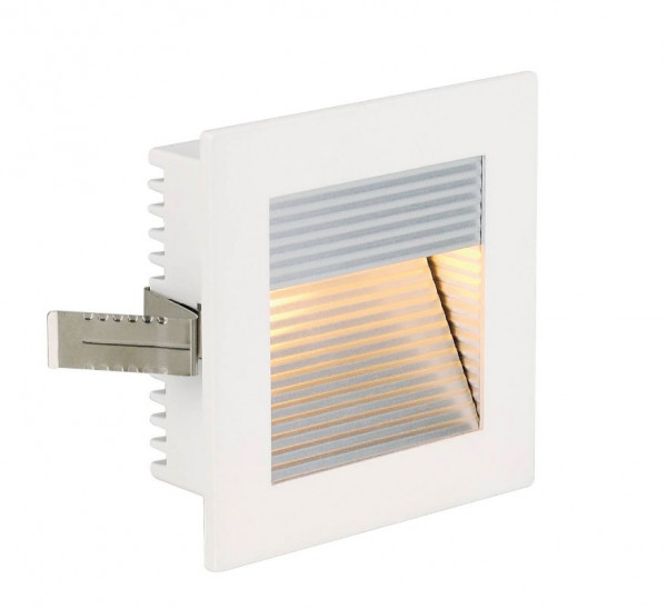 White surface: 12V recessed wall luminaire for illuminating stairs, corridors or passages near the floor. The lamp, either LED or halogen, is interchangeable