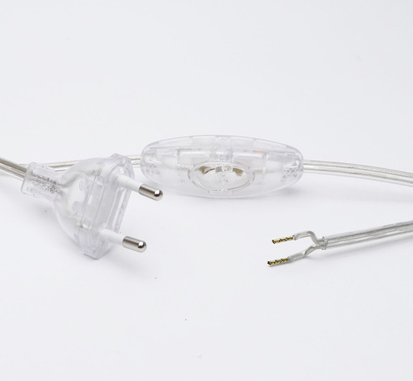 Transparent cable with switch and plug for luminaire construction or for use with wall luminaires if no wall outlet is available