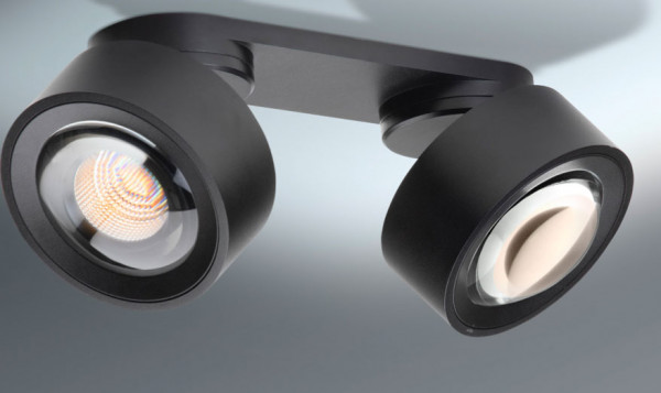 Double ceiling lamp Luxx with high quality glass lens. Surface black. LED in dim2warm technology