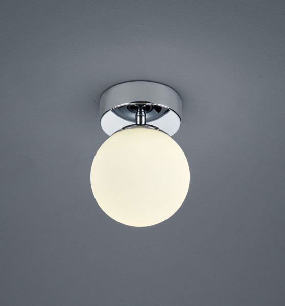 Kugelförmige LED Aufbauleuchte mit weißem Glas. Dank Schutzart IP44 auch sehr gut geeignet fürs Badezimmer und andere Nassräume