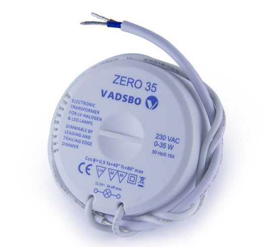 Electronic transformer 0-35VA, dimmable. Suitable for both halogen and LED lamps. Suitable for standard cavity wall boxes