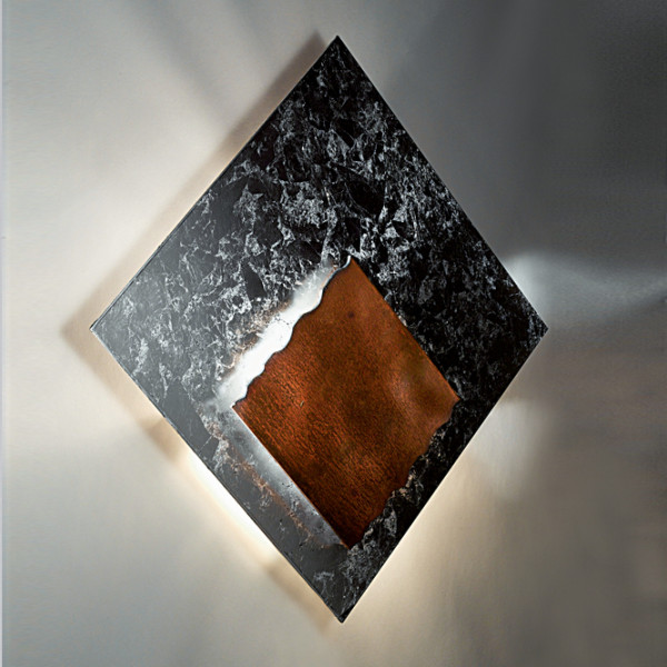 LED wall lamp PIASTRA by Icone coated either silver leaf or gold leaf with a reflector plate in rust