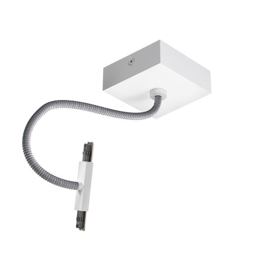 Flexible track infeed with ceiling canopy and cable feed from above for the 230V track system DUOLARE from Bruck - here the variant in surface white