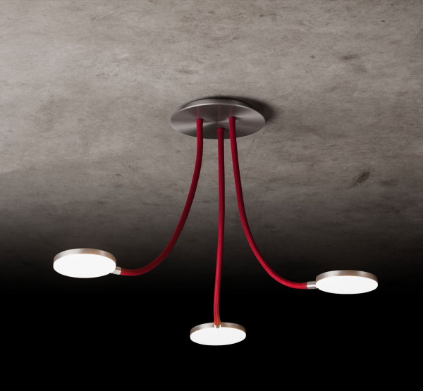 LED ceiling light FLEX D3 by Holtkötter - here the variant in metal surface matt aluminum with hoses in color red