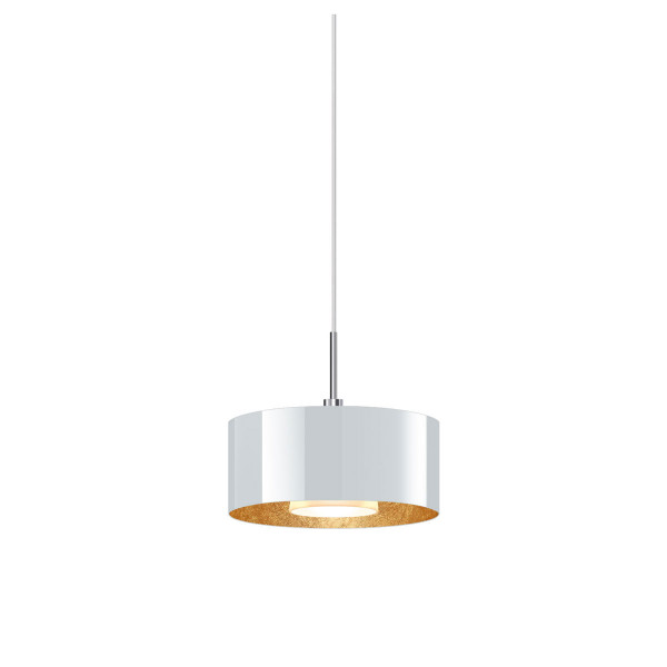Pendant light CANTARA for the 230V track system DUOLARE from Bruck - here the version with glass white, inside coated with gold leaf, metal surface chrome