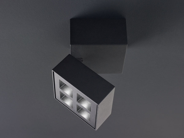 Square LED surface mounted luminaire with a luminous flux of 590lm. The luminaire is available in white and black finishes with three different beam angles. 