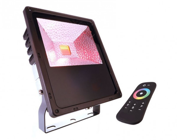 RGB color spotlight with remote control for the colored illumination of facades, objects or plants