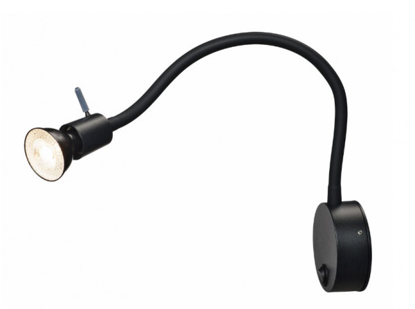 Flexible arm reading light with freely alignable luminaire head for GU10 retrofit bulbs - here the variant in surface black