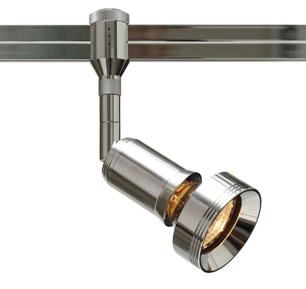 Spotlight MATCH for the rail system CHECK IN from Oligo - here the variant in surface chrome with special accessories aluminum ring