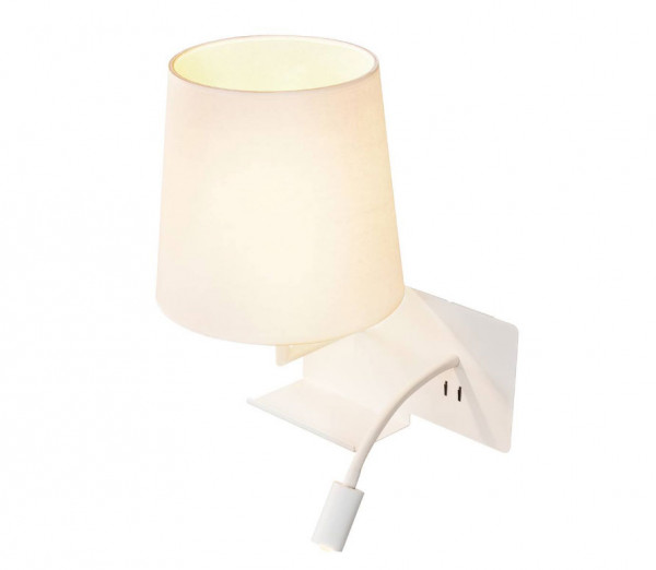 Reading lamp with USB charging socket and two separately switchable light sources - here version on the left